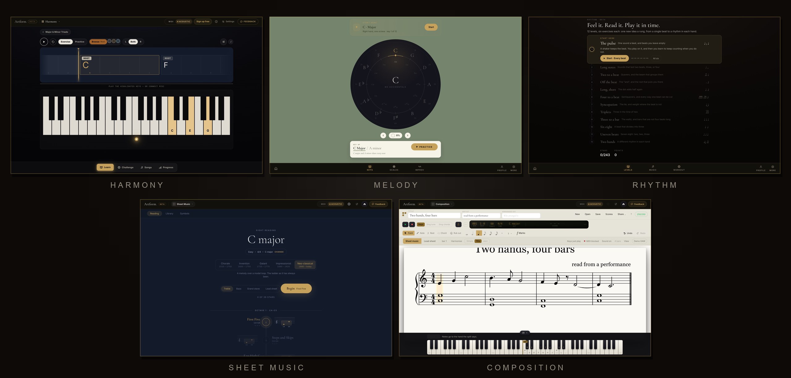 Artform Studio on a desktop: Harmony with the keys lit gold, Melody's circle of fifths in the sage room, Rhythm's twelve rungs, sight reading on a real score, and a two-hand piece being written